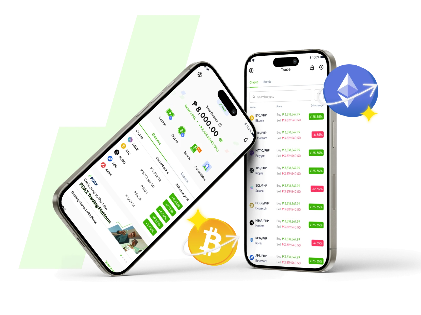 PDAX app with crypto portfolio and trading screens